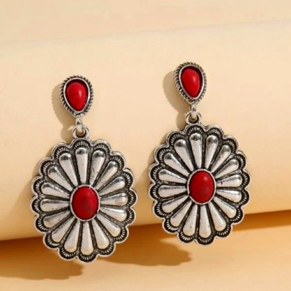 WESTERN SILVER RED TURQUOISE CONCHO SANTA FE STYLE DANGLE EARRINGS